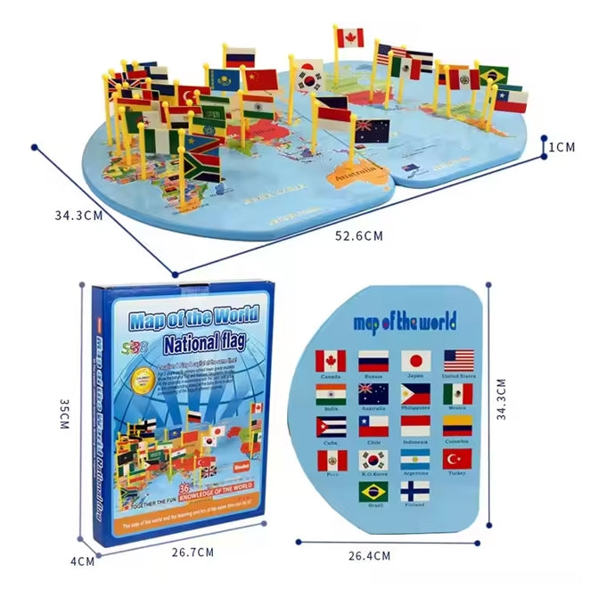 Educational Wooden World Map with 30 National Flags For Kids