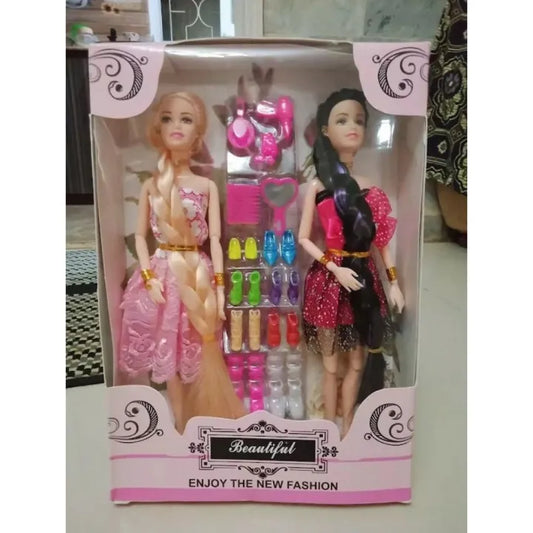 Barbie_Dolls Set Of 2 Moveable Joints With Shoes and Flexible Body Gift Set For Girls