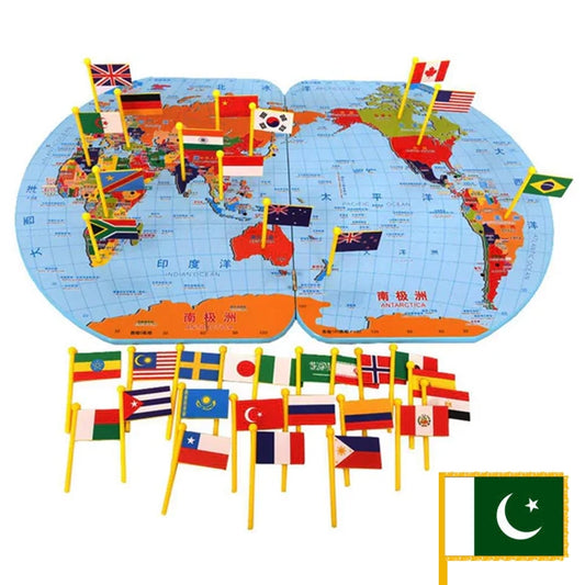 Educational Wooden World Map with 30 National Flags For Kids